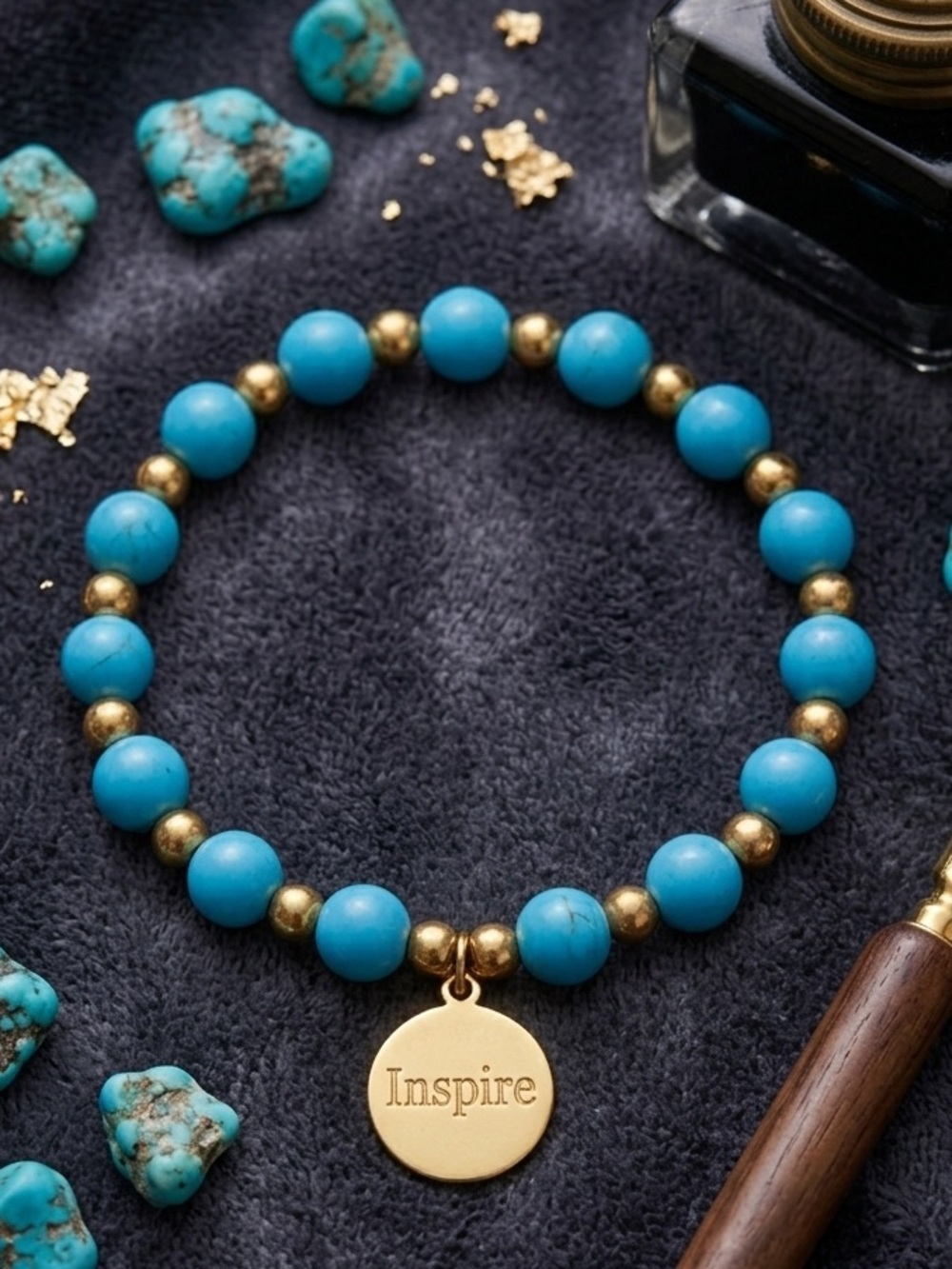 Rustic Cuff stretch bracelet featuring blue silicone beads “Inspire” 2539